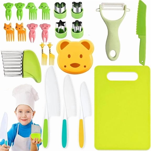 22PCS Montessori Kitchen Tools Cookware Baking Toy, Kids Knife Set for Real Cooking with Cutting Boards, Crinkle Cutte, Y Peeler, Serrated Edges Plastic Toddler Knife Kid Safe Knives