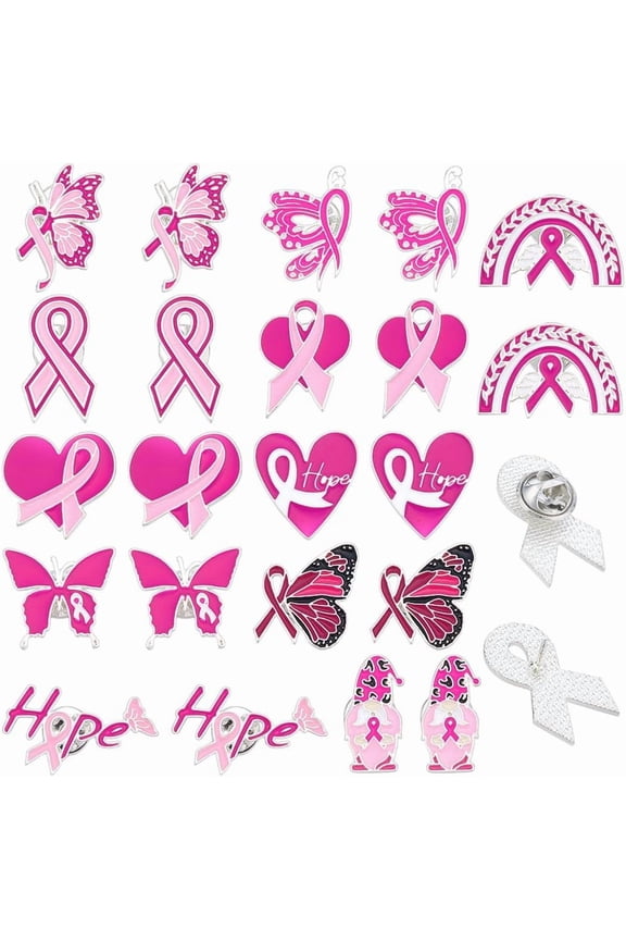 22Pcs 11 Styles Breast Cancer Awareness Lapel Pins - Pink Ribbon Love Faith Strength Hope Butterfly Pins for Survivor Charity Public Event Fundraiser Pink