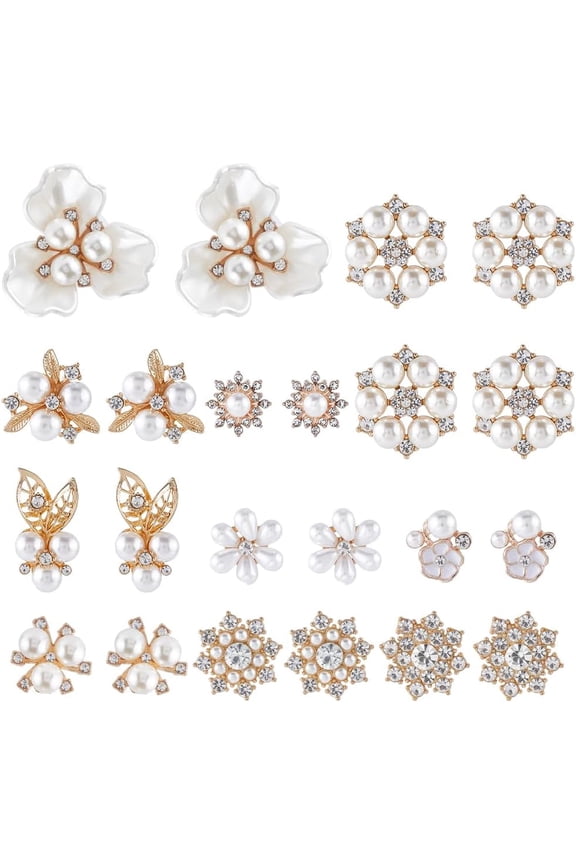 22Pcs 11 Styles Gold Pearl Rhinestone Buttons Alloy Faux Pearls Flower Floral Charm Brooch Cabochon Button for Jewelry Making Wedding Bouquet Clothes Bag Shoes DIY Crafts Accessories