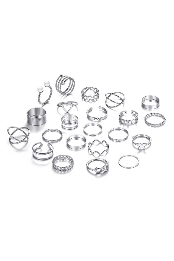 22Pcs 22 Style Heart & Butterfly & Criss & Wave Alloy Finger Rings Set Imitation Pearl Stackable Rings for Women Platinum