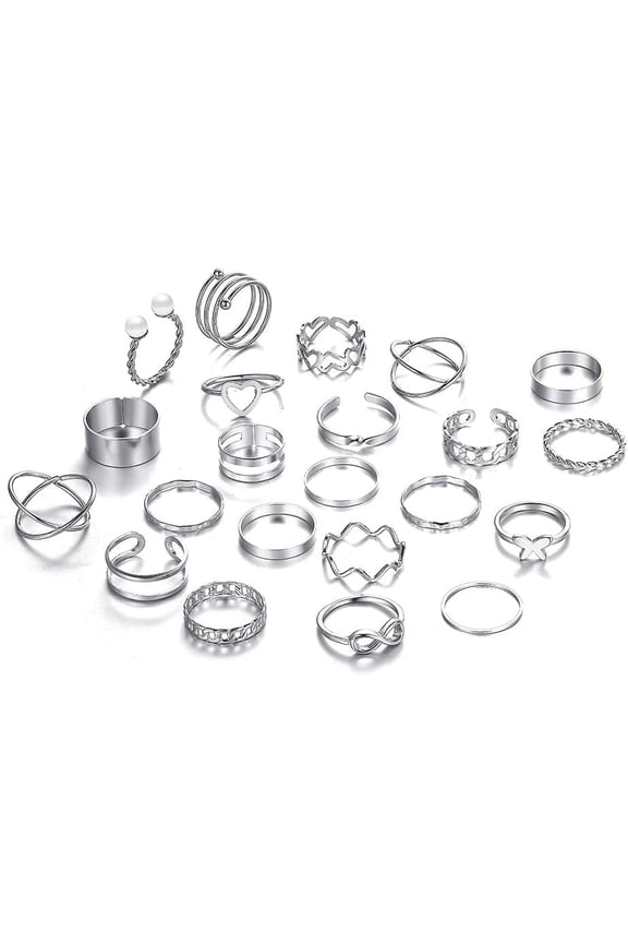 22Pcs 22 Style Heart Butterfly Criss Wave Alloy Finger Rings Set Stackable Rings for Women Platinum Inner Diameter 18mm Silver