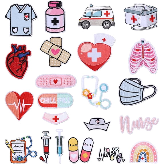 22Pcs 22 Styles Medical Theme Computerized Embroidery Cloth Iron on/Sew on Patches Costume Accessories Mixed Shapes 49.5~71x20~70x1.1~1.6mm 1pc/style