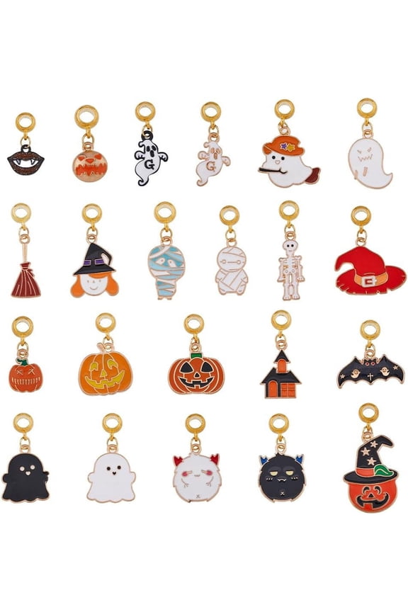 22Pcs 22 Styles Theme Alloy Enamel Charms Big Hole Pendants European Dangle Pumpkin Monster Charms Spacer Beads Hole: 2mm for making