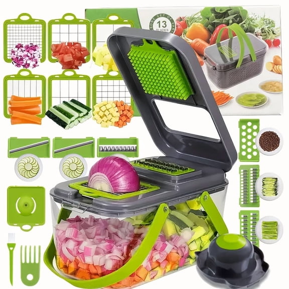 22Pcs 22-in-1 Multifunctional Vegetable Slicer Kit, Adjustable Cutter with Container & Multiple Blades, Professional Kitchen Gadget for Chopping Onions, Potatoes, Fruits & Vegetables