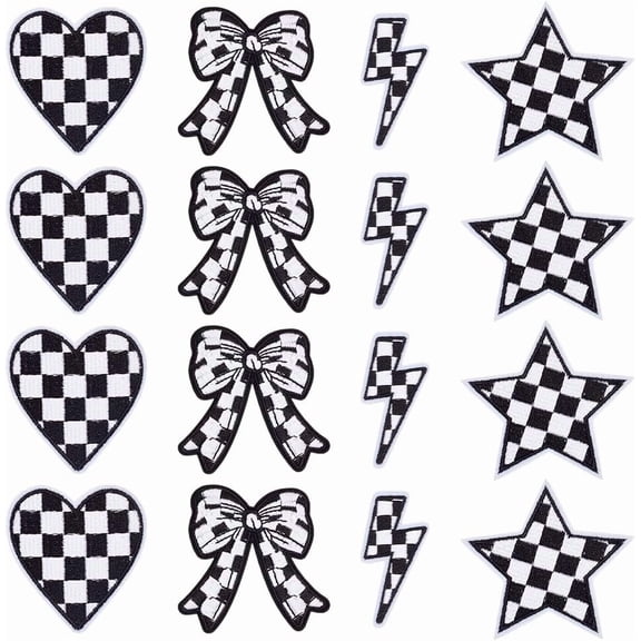 22Pcs 4 Styles Black and White Checkered Iron on Patches Lightning Bolt Heart Bowknot Star Embroidered Applique Sew on Racing Patches for Clothes Pants Hats Backpacks Shirts Crafts Multi-color