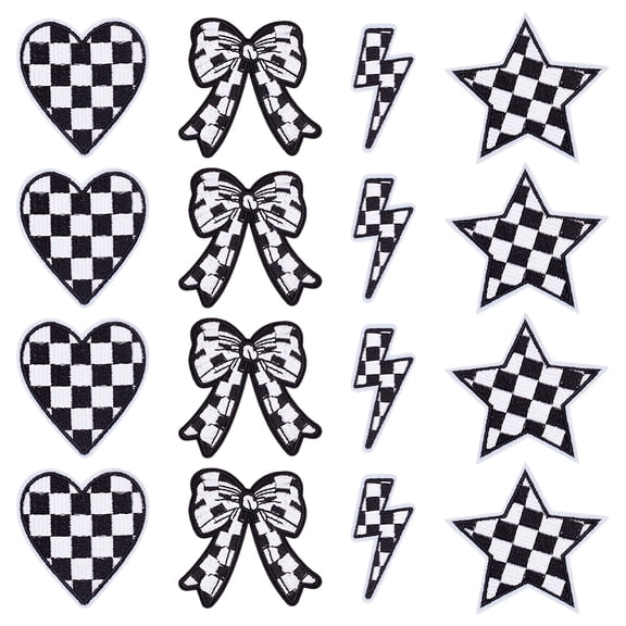 22Pcs 4 Styles Black and White Tartan Pattern Polyester Computerized Embroidery Cloth Iron on/Sew on Patches Sewing Craft Decoration Mixed Shapes