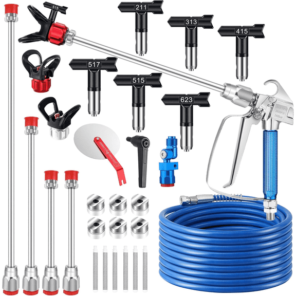 22Pcs Airless Paint Sprayer Gun Kit, 3600PSI Spray Gun with 50Ft x 1/4 NPT Airless Paint Sprayer Hose & 6Pcs Reversible Spray Tips & Guide Tool & 4Pcs Extension Wand & 6Pcs Filters