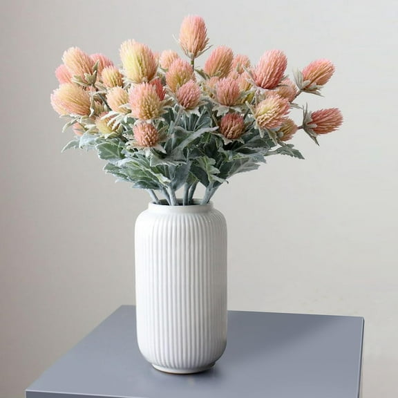 22Pcs Artificial Thistle Flowers Fake Spray Eryngium Faux Sea Holly Bouquet Real Touch Plants Floral Tree for Wedding Bridal Home Table Centerpiece Decor (Pink)