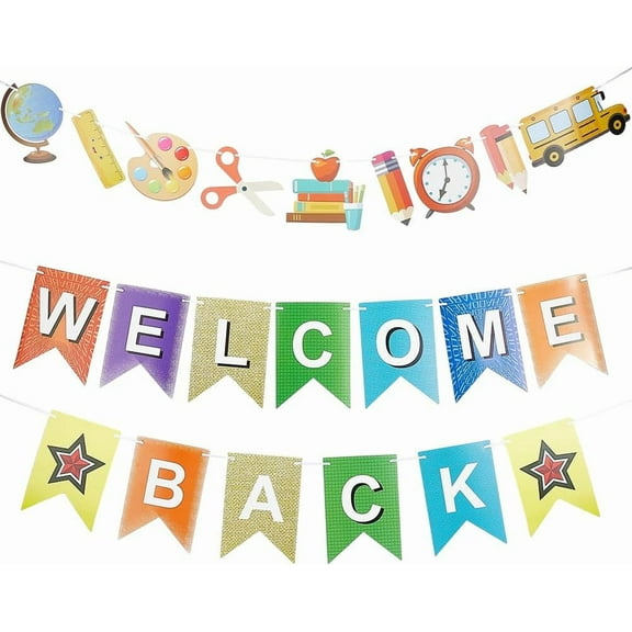 22Pcs Back to School Decorations Pen Clock School Bus Ruler Book Star Welcome Back Word with Tape for First Day of School Preschool Classroom Hanging Swirls Banner Decoration Colorful