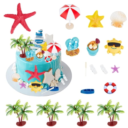22Pcs Beach Cake Decorations Hawaiian Green Palm Tree Cake Toppers Summer Chair Umbrella Decoration Supplies Beach Miniature Decoration