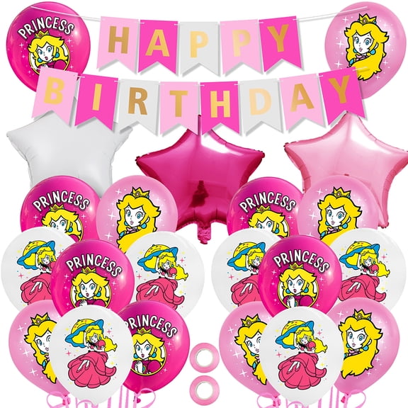 22Pcs Cartoon Game Princess Peach Birthday Party Balloons Set, Star Aluminum Film Balloons Decorations Supplies, HAPPY BIRTHDAY Banner Flag