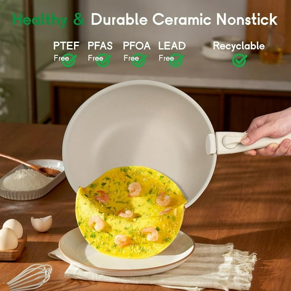 22Pcs Ceramic Cookware Set with Detachable Handle, Non-stick Pots and Pans, Induction & Oven Safe, Cream White