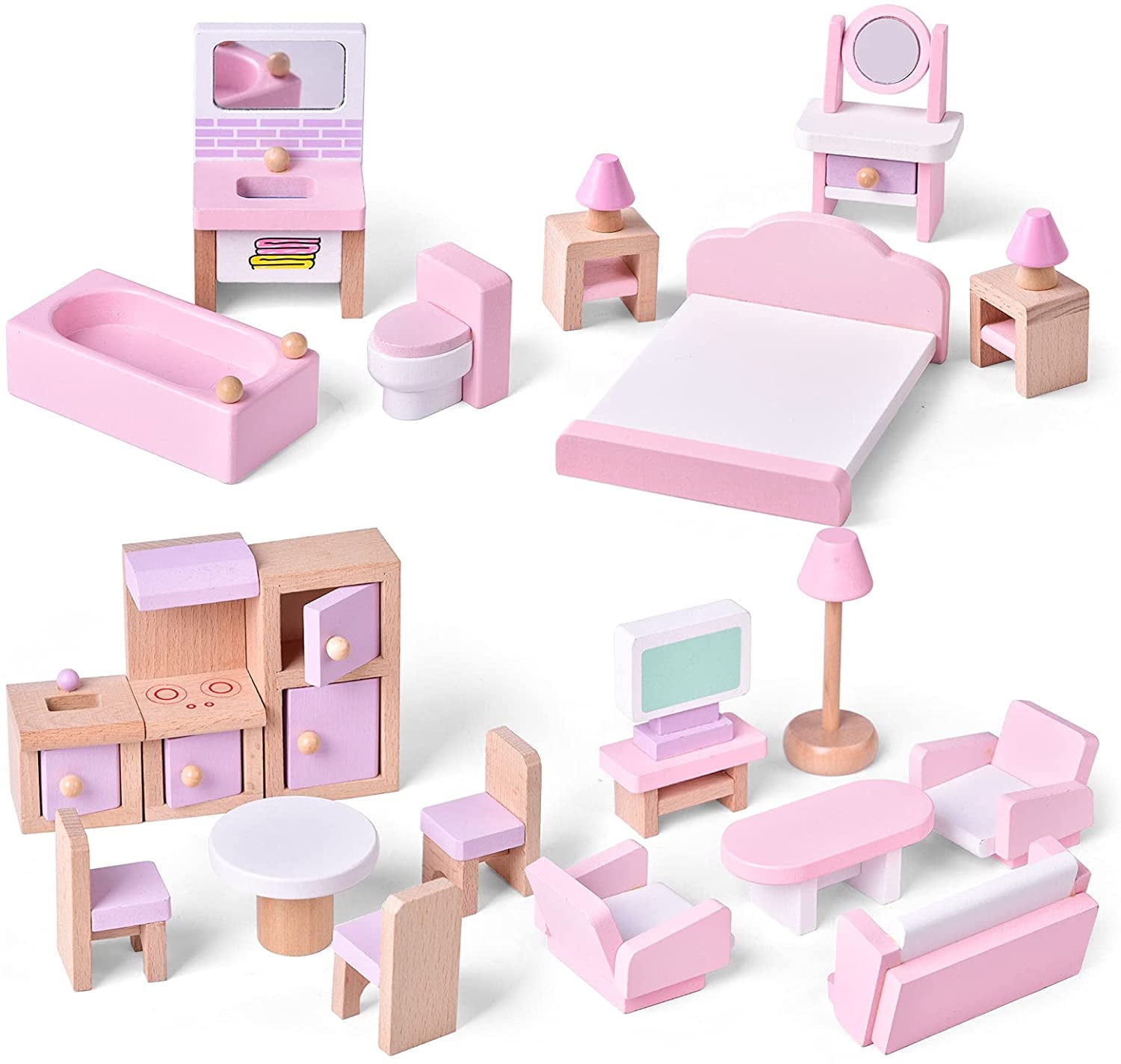 Pink Wooden 22-Piece Dollhouse Furniture Set