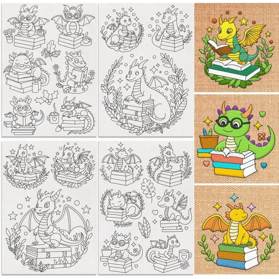 22Pcs Dragon with Books Water Soluble Hand Sewing Stabilizers 8.3"x11.7" Cartoon Dragon Embroidery Pattern Stabilizer 4 Sheets Stick and Stitch Embroidery Paper Sticker Cloth
