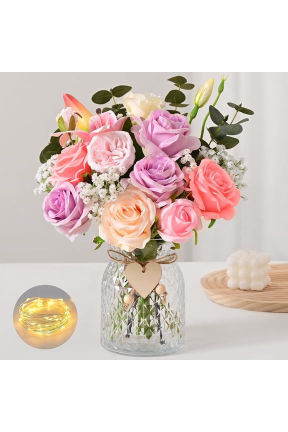 22Pcs Fake Flowers in Vase Silk Artificial Flowers with Vase & Light Fake Plant Eucalyptus Flower Arrangement for Table Centerpieces Decor for Living Room Coffee Home Farmhouse Purple