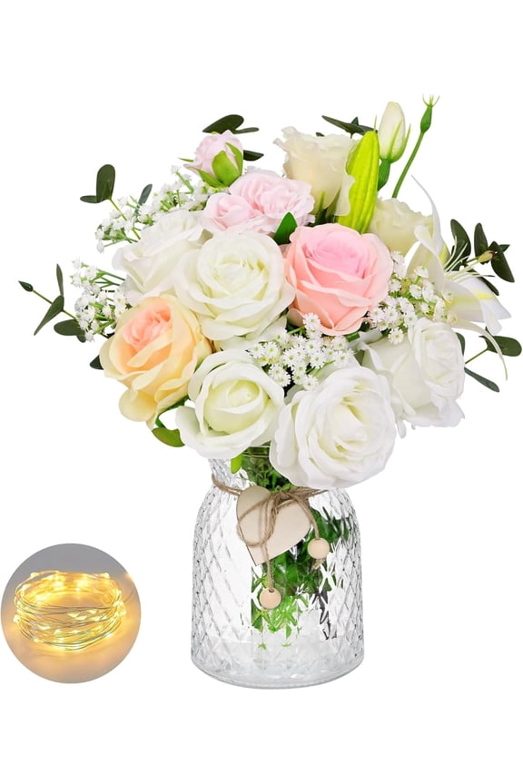 22Pcs Fake Flowers with Vase Silk White Artificial Flowers in Vase with Light Fake Plant Eucalyptus Flower Arrangement for Table Centerpieces Decor for Living Room Coffee Home Farmhouse