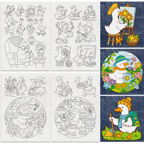 22Pcs Funny Ducks Water Soluble Hand Sewing Stabilizers 8.3"x11.7" Cute Ducks Embroidery Pattern Stabilizer 4 Sheets Farm Animals Stick and Stitch