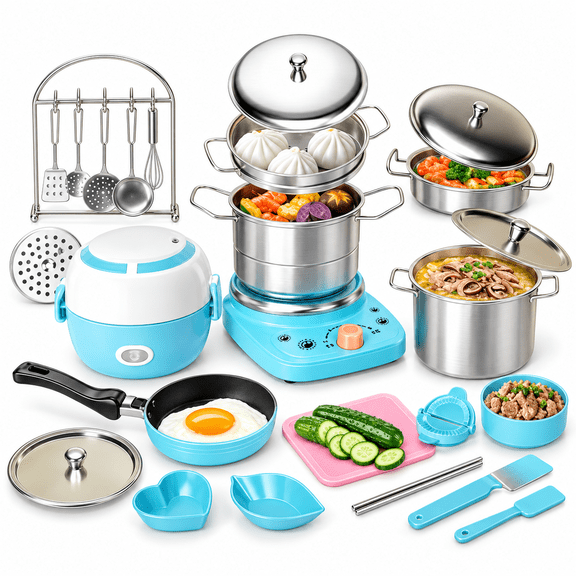 22Pcs Kids Kitchen Toy Accessories, Food-Grade Stainless Steel Kids Cooking Sets with Knife & Tools, Real Food Making Beginner Educational Toys