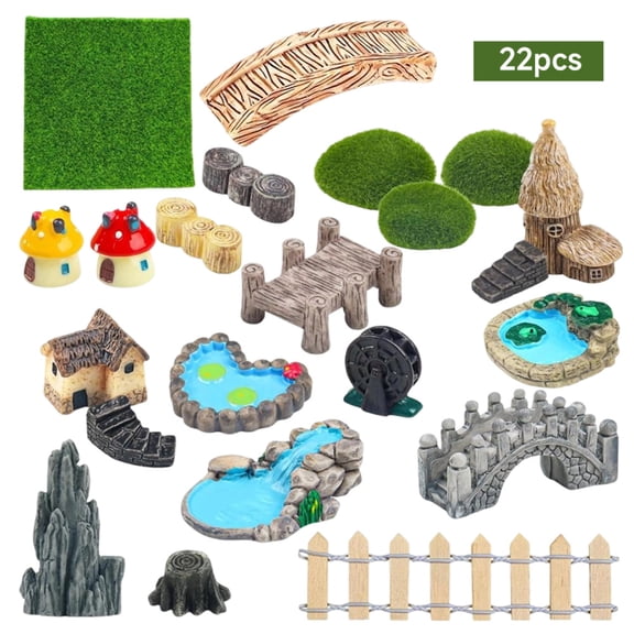 22Pcs Mini Fairy Garden Accessories, Resin Miniature Landscape Ornaments with Bridge, House, Mushroom, Waterwheel, Fence & Moss Stones, DIY Micro Garden Decor