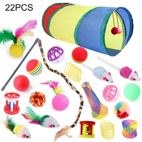 22Pcs/Set Cat Toys Tunnel Assortments, Portable Funny Feather Teaser Catnip Colorful Ball Tunnel Interactive Toys for Cat Puppy Kitty Kitten Rabbit Indoor Playing