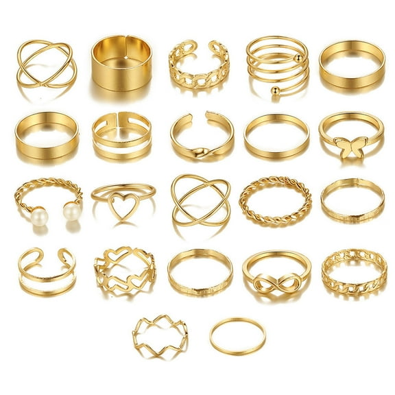 22Pcs/Set Women Rings High Gloss Polished Hypoallergenic Assorted Alloy Gift Fashion Jewelry Hollow Love Heart Finger Opening Rings Valentine's Day Gift,Golden
