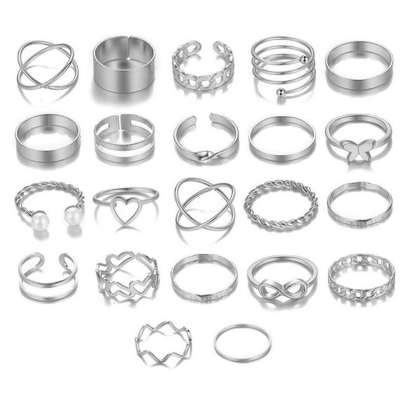 22Pcs/Set Women Rings High Gloss Polished Hypoallergenic Assorted Alloy Gift Fashion Jewelry Hollow Love Heart Finger Opening Rings Valentine's Day Gift,Silver