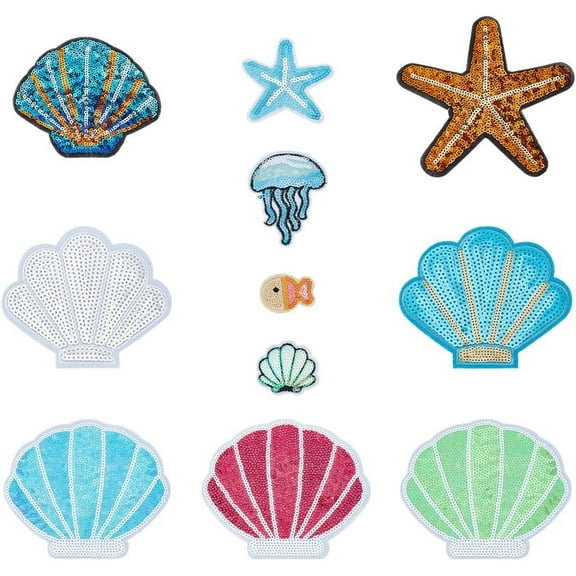 22Pcs Shell Conch Starfish Shape Iron on Patches Sea Theme Sequin Applique Cute Cartoon Starfish Shell Applique Shiny Embroidery Patch