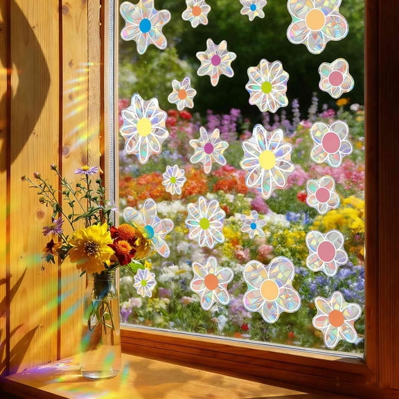 22Pcs Spring Summer Daisy Window Stickers, Double-Side Glass Decals Shiny Rainbow Prism Anti Collision Window Clings for Mirror Glass Display Shop Office Supplies