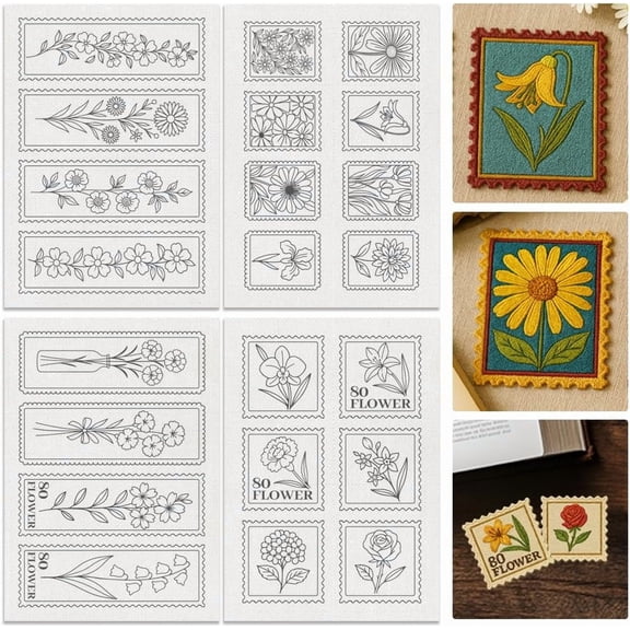 22Pcs Stamp Flower Water Soluble Hand Sewing Stabilizers 8.3"x11.7" Stamp Bookmark Embroidery Pattern Stabilizer 4 Sheets Floral Hat Stick and Stitch Embroidery Paper Sticker