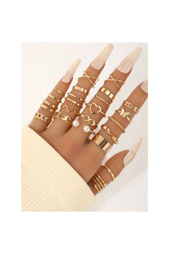 22Pcs Vintage Punk Stackable Ring Set For Women, Multicolor Faux Pearl Inlaid Alloy Rings