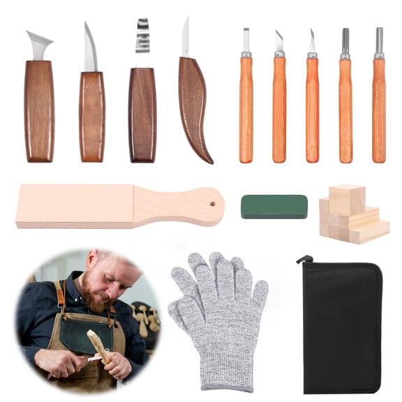 22Pcs Wood Carving Tool Wood Carving Kit 9 Carving Knives 9 Blocks High Hardness Woodworking Tool with Strop Block Polishing Wax Gloves and Storage Bag Whittling Kit
