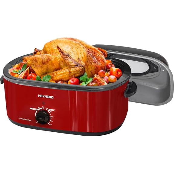 22Qt Turkey Roaster Oven Buffet with Self-Basting Lid, 1450W Electric Countertop Oven, Cool-Touch Handles, Stainless Steel, Removable Pan and Rack, Red