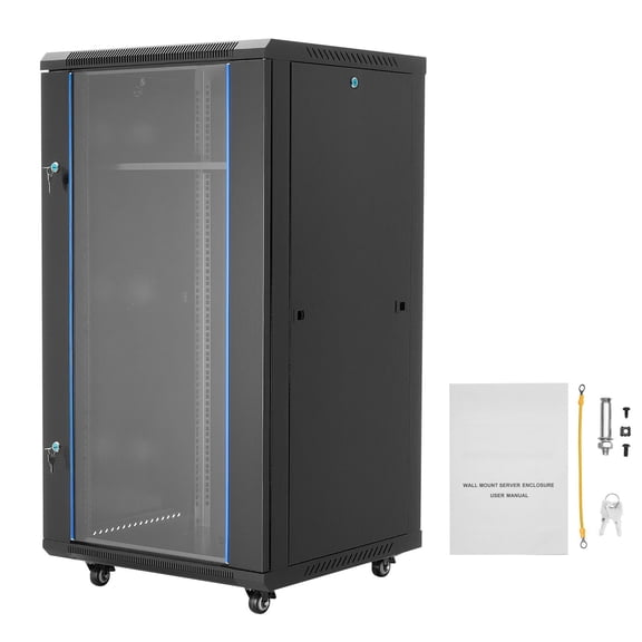 22U Network Cabinet Wall Mount, 23.6 in Depth, 300 lbs Max Load Capacity Server Cabinet Rack Enclosure with Locking Tempered Glass Door, Side Panels, Server Rack for IT Equipment, A/V Devices