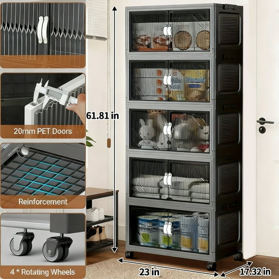 Stackable Storage Bins with Lid, Plastic Closet Organizers and Storage Drawer, Collapsible Storage Box with Wheels, Folding Storage Cabinet for Closet Clothes Organization, 5Pack