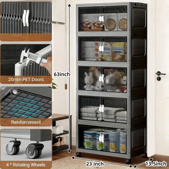 Stackable Storage Bins with Lid, Plastic Closet Organizers and Storage Drawer, Collapsible Storage Box with Wheels, Folding Storage Cabinet for Closet Clothes Organization, 5Pack