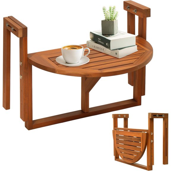 22in Acacia Wood Folding Balcony Hanging Table  Adjustable Height & Width, Balcony Railing Table Ideal for Different Railing Widths,Perfect for Balcony,Patio,Semicircular,Natural Wood Color
