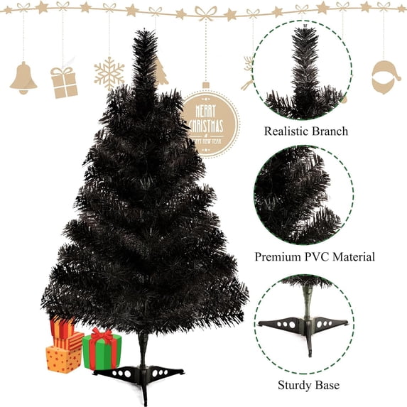 22in Artificial Christmas Tree Black Tabletop Home Decor Christmas Tree with Plastic Stand Mini Xmas Pine Tree for Party Room decor Supplies Indoor Outdoor Holiday Home Decoration