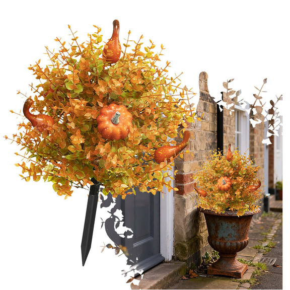 22in Artificial Fall Pumpkin Topiary Tree, Autumn Floral Maple Leaf Eucalyptus Garden Stake, Halloween Porch Pathway Outdoor Planter Decor, Ground Spike Bush for Home 1 Pcs
