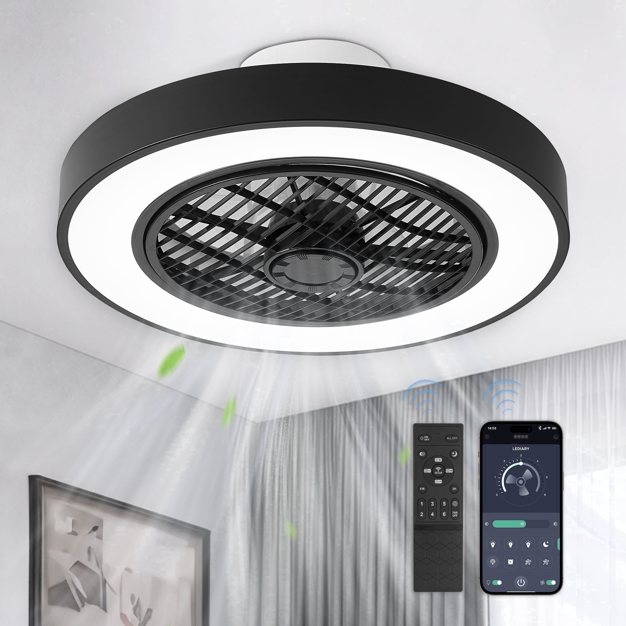 Lokivas 20in Modern Ceiling Fan with Light and Remote, Smart App Control, 6 Speeds, Low Profile with Quiet DC Motor for Living Room, Bedroom, Black