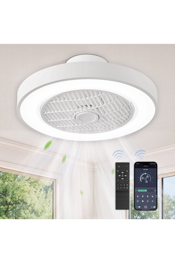20in Low Profile Ceiling Fan with Light & Remote, Flush Mount Hidden Blade, Quiet DC Motor for Bedroom & Small Rooms, White