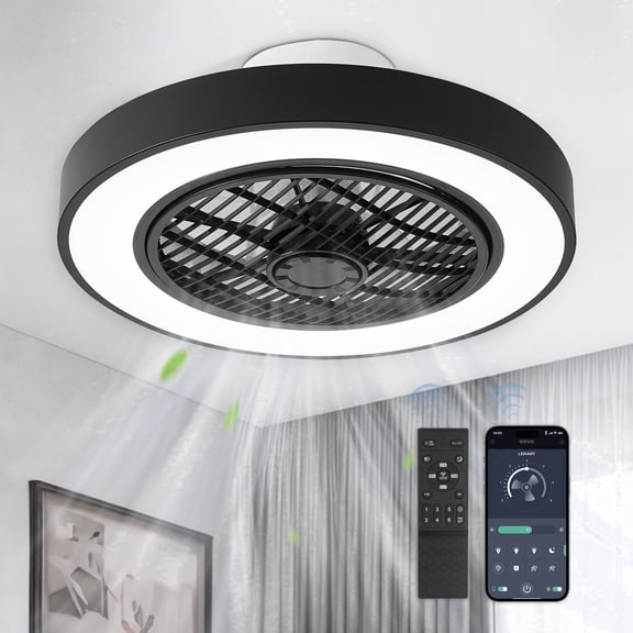 Lokivas 20in Low Profile Ceiling Fan with Light & Remote, Enclosed Ceiling Fan, Quiet DC Motor for Bedroom & Small Rooms, Black