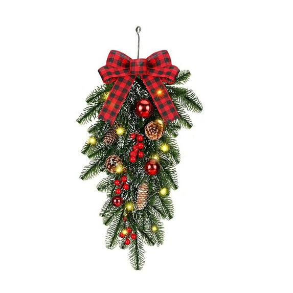 22in Hanging Water Drop Christmas Ornament – Red Bow & Berry Flocked Pine Cone Decoration for Wall, Tree, Wreath, Indoor Outdoor Décor