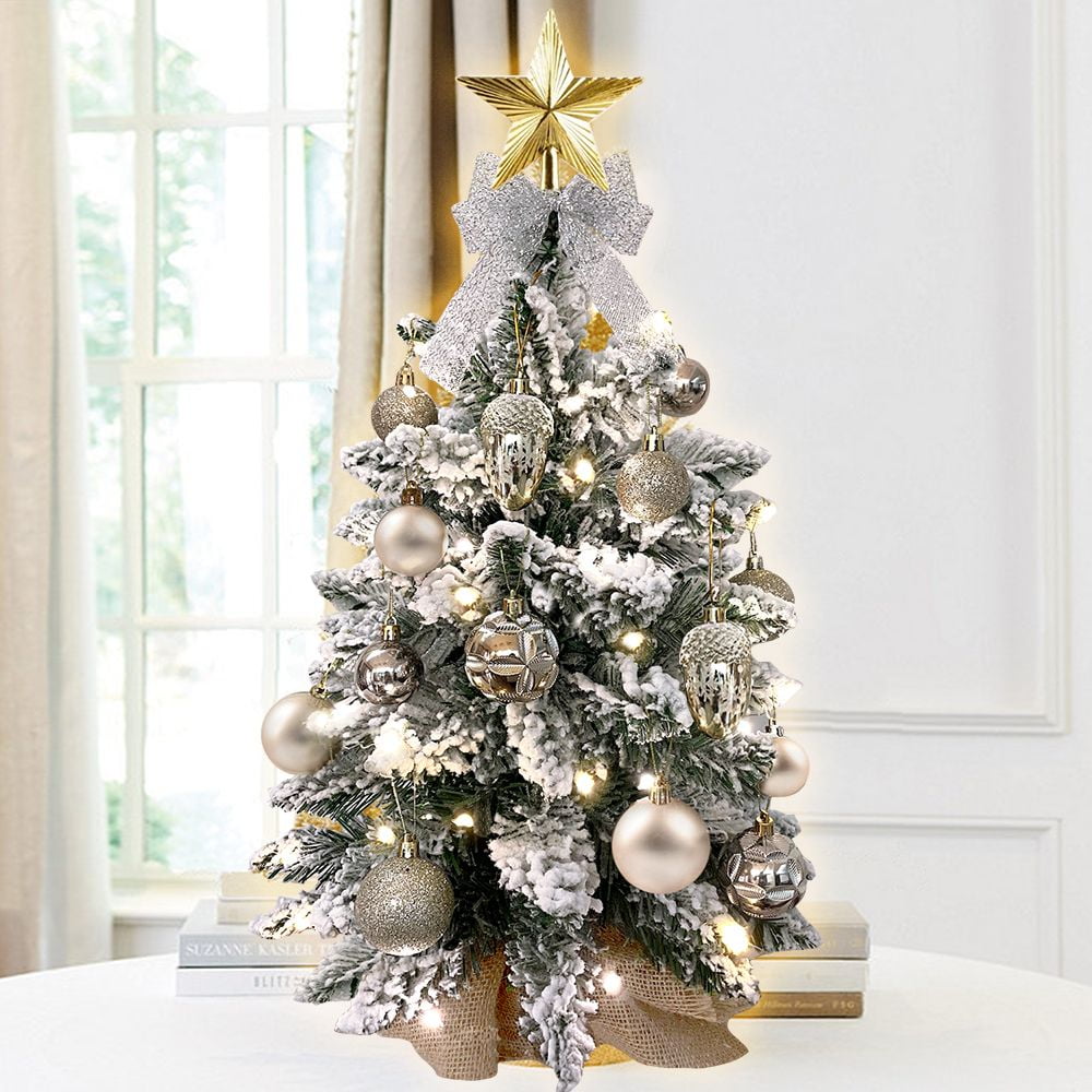 2ft Mini Christmas Tree With Light Artificial Small Tabletop Christmas Decoration With Flocked Snow, Exquisite Decor & Xmas Ornaments For Table Top For Home & Office