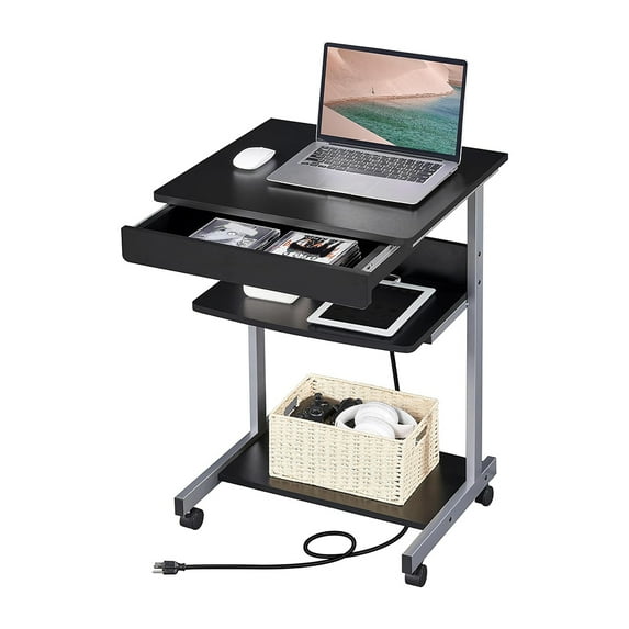 Mobile Laptop Desk with Power Outlet - Rolling Computer Table, Home Office Desk with USB Ports & Printer Shelf - 22in Compact Desk, Black