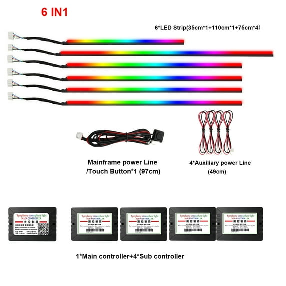 22in1 Symphony Car Ambient Light RGB 213 Color Universal Car Interior led strip acrylic Backlight Guide Symphony Atmosphere lamp (6 in 1 App Symphony)