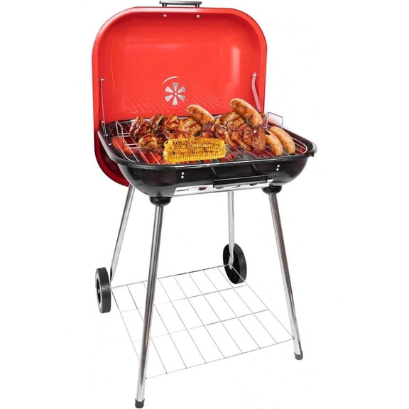 22inch Portable Charcoal Grill, Red Charcoal Grill With Portable Wheel And Handle, Suitable Cooking, Camping And Picnic(Red)