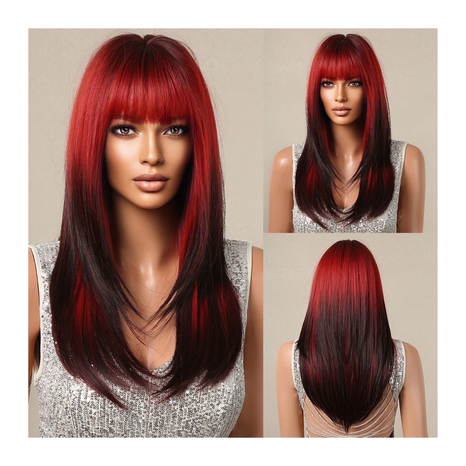 22inch Red to Black Synthetic Hair Wigs with Bangs Long Layered ...