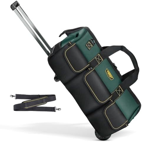 WINNHUNT 22-Inch Rolling Tool Bag With Telescopic Handle - 15 Pockets, Heavy-Duty Green/Black, 56cm Capacity