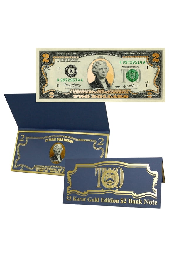 22k Gold Layered Uncirculated Two Dollar Bill - Special Edition Collectible Currency
