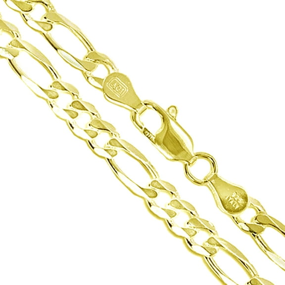 22k Yellow Gold Plated Men's 6.5mm Solid .925 Sterling Silver Flat Figaro Chain Link Italy Necklace 30" Female